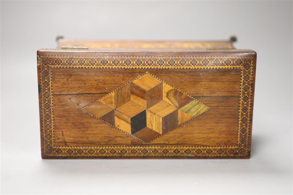 A Regency rosewood and Tunbridge ware inlaid tea caddy, length 22cm (locked)